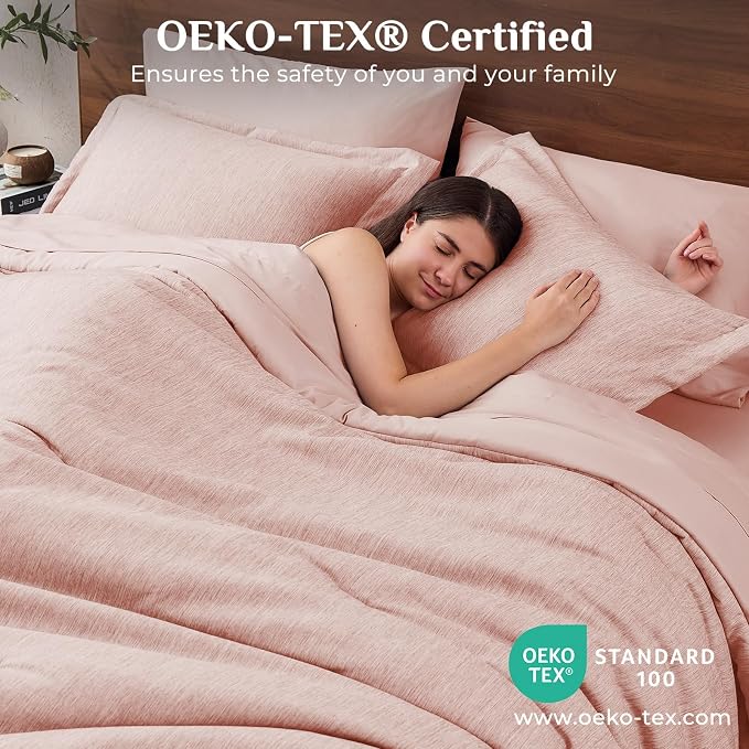 JOLLYVOGUE Rose Pink Queen Comforter Set, Cationic Dyeing Bed in a Bag Queen 7 Pieces, Double-Tone Bedding Set with Down Alternative Comforter, Sheets, Pillowcases & Shams