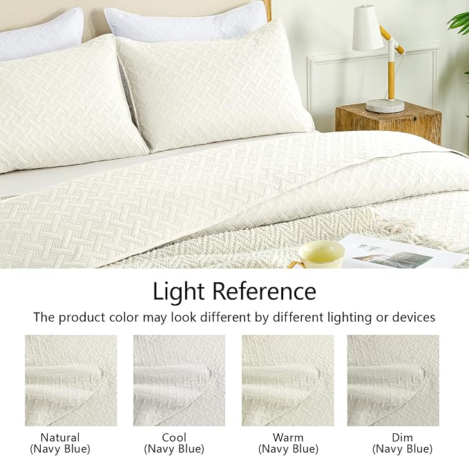 FLYMME Quilts King Size,Lightweight Cream Bedspreads,Basket Weave Pattern,Ultra Soft Microfiber Bed Coverlet 3 Pieces for All-Seasons (1 Quilt,2 Pillow Shams)