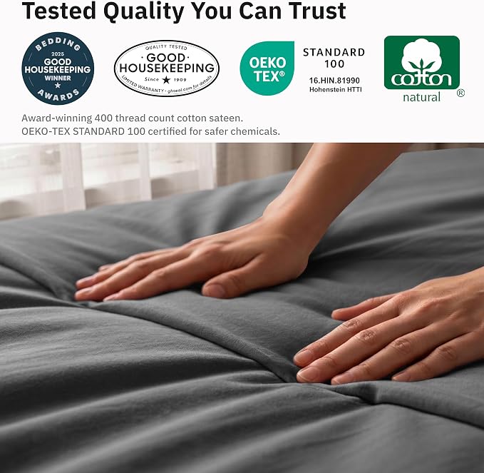 California Design Den Soft 100% Cotton Sateen Full/Queen Duvet Cover, Grey | Duvet Cover Only, Comforter Not Included, Backed by Good Housekeeping Seal, Button Closure & Corner Ties
