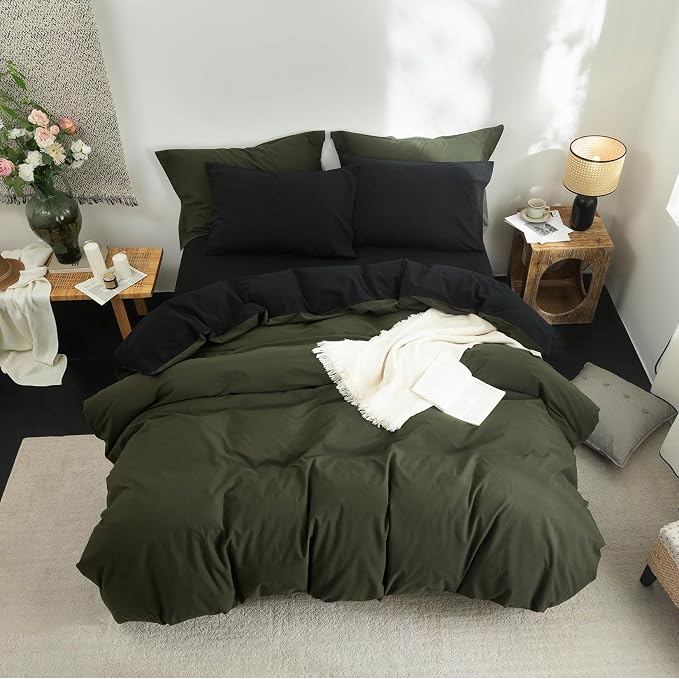 BDEAR 3Pcs Duvet Cover Set Queen Size 90" Wx90 L,Olive Green and Black | 100% Washed Cotton, 1 Duvet Cover with 2 Pillowcases, Zipper Closure, OEKO TEX Standard,8 Corner Ties,Linen-Liked Texture