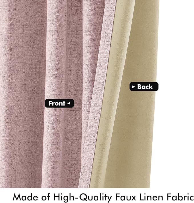 MIULEE 100% Blackout Linen Curtains for Bedroom 42 x 90 Inch Pink 2 Panels | Thermal Insulated, Room Darkening Drapes for Living Room, Back Tab Rod Pocket Pinch Pleated, Solid Luxury Decor