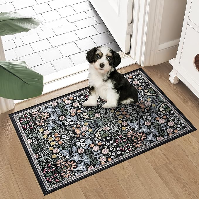 PLHXFR 2x3 Small Entryway Rug: Floral Washable Indoor Carpet Dark Black | For Entrance, Bedroom, Kitchen, Laundry, Bathroom,Door Mat,Vintage Floral,Machine washable,Non-Slip,Stain Resistant,Indoor