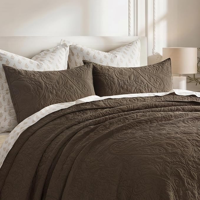 EVERGRACEHOME 100% Cotton Paisley Quilt Set, Queen Size, Cocoa Brown | Prewashed for Softness, Year-Round Breathability, Gift-Ready Box, Matelasse-style Quilted Coverlet, 3 Piece Set with 2 Shams