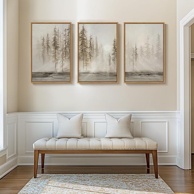 Large Framed Abstract Forest Landscape Wall Art for Living Room, 24x36 Inch | 3 piece, Modern, Canvas artwork, Pine tree forest picture, Farmhouse wall decor, Home office art, Ready to hang, Wood frame