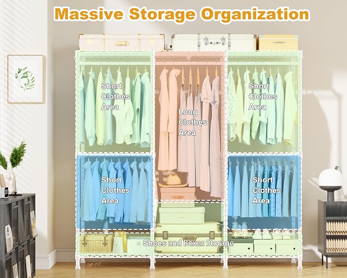 ULIFHOME E14C Heavy Duty Closet Organizer System，Freestanding Clothing Racks for Hanging Clothes，Adjustable Garment Rack 58" W × 16" D × 77" H Hold 860 lbs，White Rack with White Cover