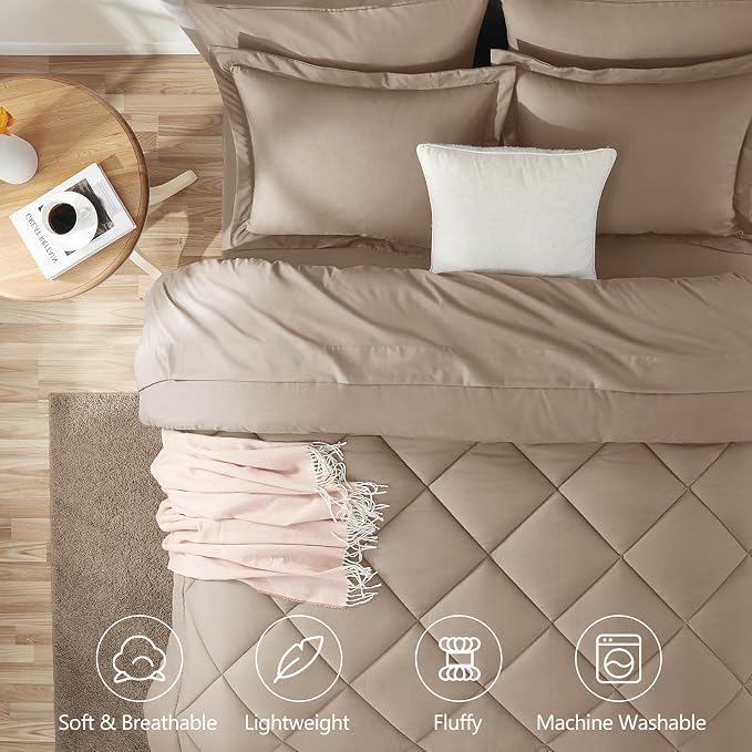 King Size Comforter Set Khaki - 7 Pieces Complete Bedding Set | OEKO-TEX Certified, All Season, 240GSM Down-Alternative Comforter, Sheets, Pillowcases & Shams, 14" Deep Pocket, Easy Care