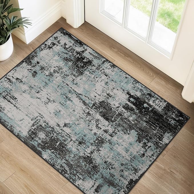 RELEANY Washable 2'x3' Abstract Area Rug for Living Room Teal Black | Carpet for Bedroom, Kitchen, Office, Hallway and Entryway, Printed Pattern, Non‑Slip, Soft, Stain‑Resistant, Easy to Clean