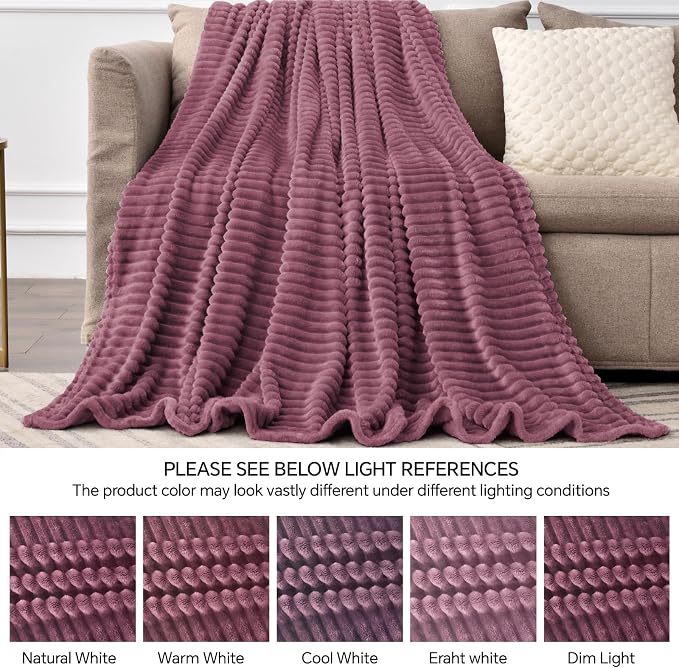 BEDELITE 3D Ribbed Jacquard Plum Fleece Throw Blanket for Couch, 50x60 Inch | Soft Warm Decorative Fluffy Blanket, Cozy Plush Lightweight Fuzzy Throw Blanket for Bed Sofa Home Room Decor, Gift for Women