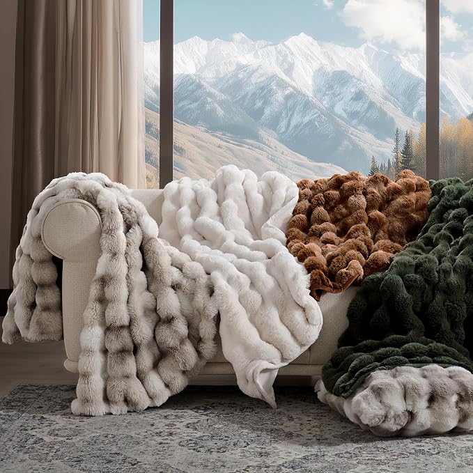 EverGrace Faux Rabbit Fur Bubble Throw Blanket, 50"x60", Ivory White | Ultra Soft, Luxury Faux Rabbit Fur Throw, Thick Warm Bubble Blanket, Cozy Fluffy Reversible, for Bed, Couch, Chair, Sofa