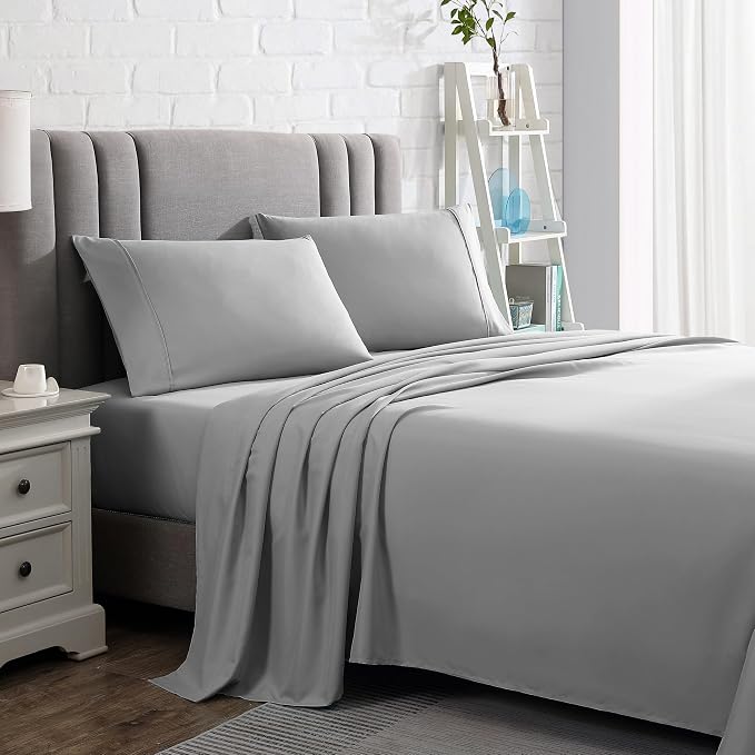 American Home Collection King Sheet Set - Ultra-Soft Microfiber 15-Inch Deep Pocket - Wrinkle Free and Fade Resistant (Light Grey)