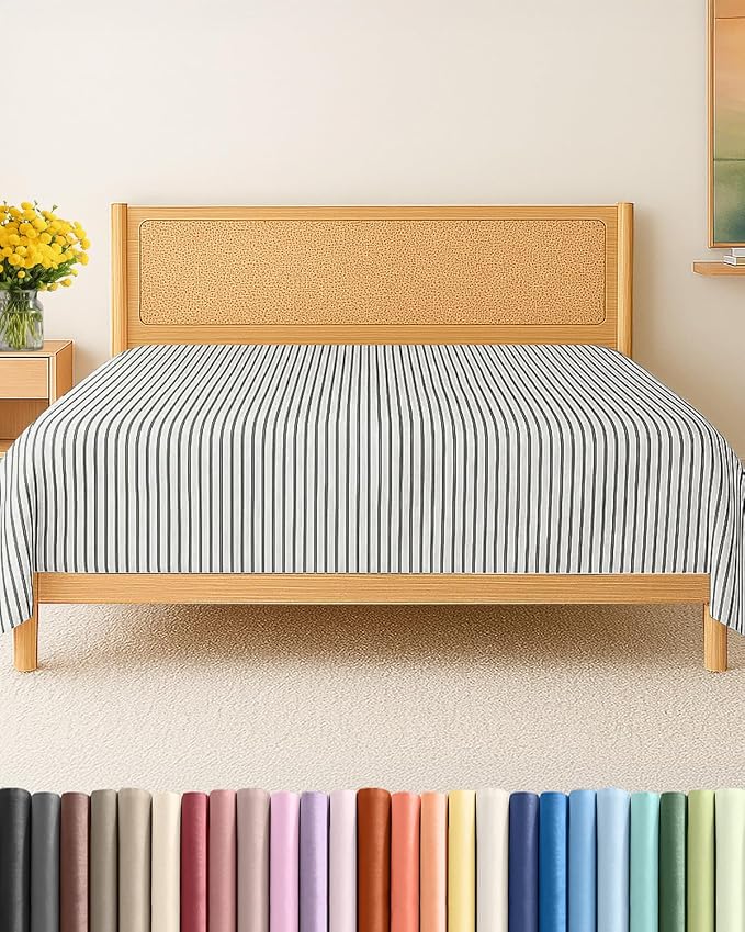 Queen Flat Sheet - Single Top Flat Sheet Only - Cooling - Grey Stripes | Hotel Luxury Top Flat Sheet Only, Ultra-Soft, Breathable & Cooling, Fade & Wrinkle Free, Easy-Care, Stain & Shrink Resistant