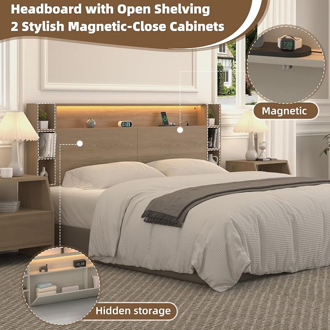 Queen Wall Mount Solid Wood Leg Headboard with Storage | Headboard Only,USB Charging ,Rgb Light,Modern backboard,Integrated fit,Sturdy and Stable Bed Board