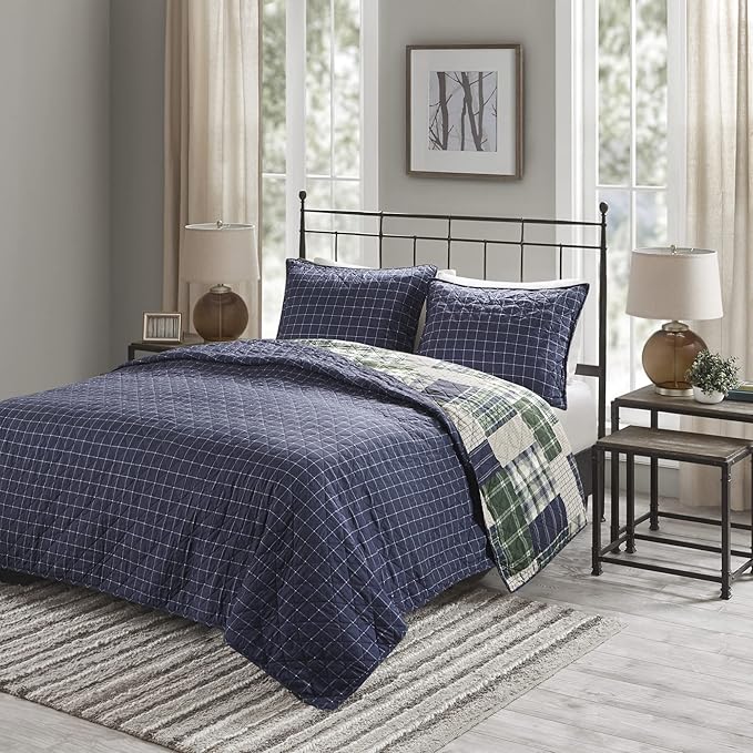 Madison Park Patchwork Farmhouse Green/Navy Queen Quilt Set, 3pc | Diamond Quilted, Reversible Coverlet Set, Plush Cotton Filled, Lightweight, Machine Washable, Easy Care, All-Season, Cozy