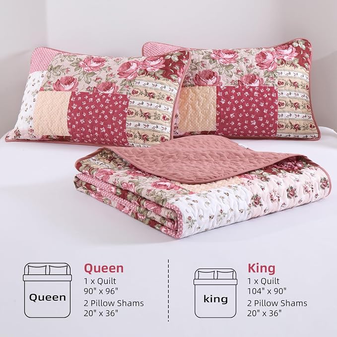 Anibedding Floral Patchwork Quilt Set Queen Size, Red Rose Plaid Bedspread | 3 Pcs Country Floral Coverlet Set, Soft Lighweight Farmhouse Quilt Bedding Set 3 Pieces for All Season, 96''x90''