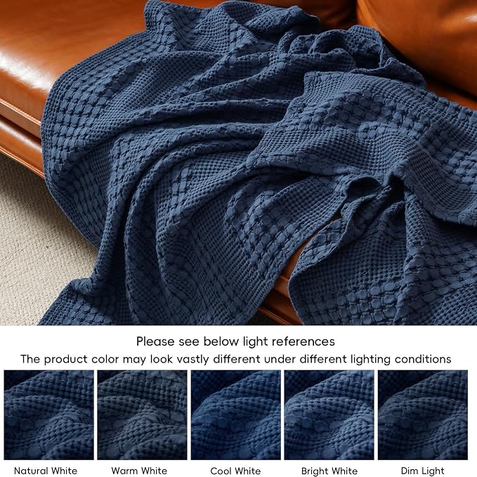 PHF Lightweight 100% Cotton Waffle Throw Blanket for Couch, Blue Sapphire | Pre-Washed Soft Cotton Comfort, Breathable Layering Warmth for Fall & Winter, Office, Travel, Sofa, Home Decor & Gifts