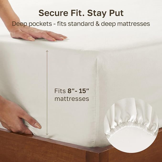 Pack of 2 100% Cotton Sateen Twin Bed Fitted Sheet, Ivory | 2 Fitted Sheets, 400 Thread Count Backed by Good Housekeeping Seal, All-Around Elastic, No-Pop Fit, Durable, OEKO-TEX