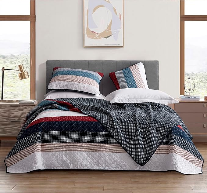 Chezmoi Collection Harlon 3-Piece Modern Patchwork Striped Quilt Set - Solid Polka Dot Candy Stripe Coverlet - Pre-Washed Cotton Lightweight Reversible Bedspread, King Size