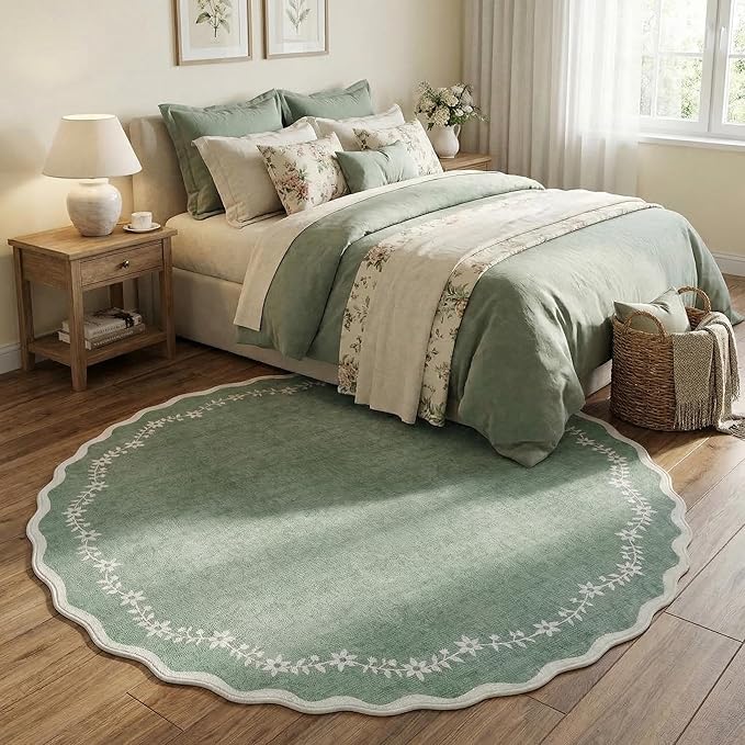 GarveeHome Round Rugs 6ft Scalloped Washable Circle Rug for Dining Room | Soft Sage Green Non Slip Floral Print Floor Mat Carpet Indoor Thin Tent Rug for Kids Bedroom Playroom Nursery Entryway