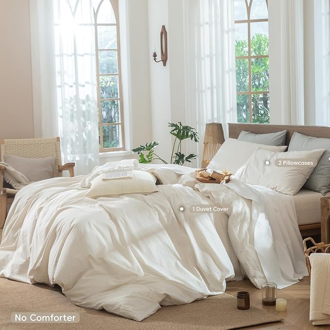 MooMee Striped Duvet Cover Set 100% Washed Cotton Linen Like Full | Relaxed Linen-like Texture. Soft, Breathable & Long-lasting Comfort. Lightweight. Hidden Zipper with 8 Interior Corner Ties