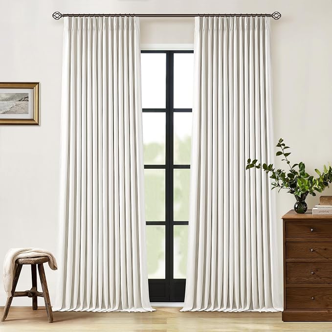 Natural Cream Pinch Pleated Full Blackout Curtains 100 Inches Long 2 Panels | Linen Blend, Room Darkening, Memory Shape, Thermal Insulated, Pinch Pleat with Hooks Rings, for Living Dining Room Bedroom