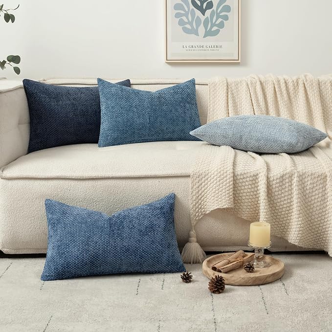 MIULEE Decorative Chenille Lumbar Pillow Covers Blue Series 12x20 | Pack of 4, Modern Coastal Decor, Blue Gradient, Couch Throw Pillows, Farmhouse Boho Cushion Covers for Sofa Bed Living Room