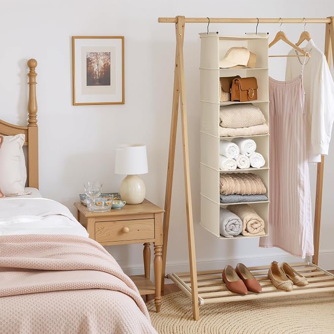 GRANNY SAYS 6-Shelf Hanging Closet Organizer, Foldable Storage, Beige | No-Sag Support, Keeps Clothes Neat, Folds Flat, Fits RV, Dorm & Small Closets