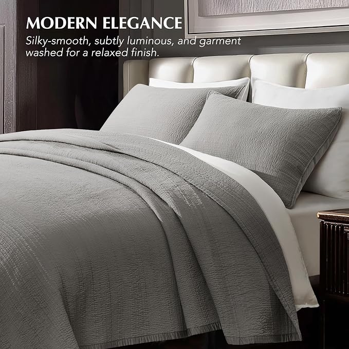 EVERGRACEHOME Cotton Sateen Channel Quilt Set, King Size, Fog Gray | 100% Cotton, Pre-Washed Soft Coverlet Bedspread, 3-Piece Refined Channel Stitch Bedding Set for All Season, 2 Pillow Shams