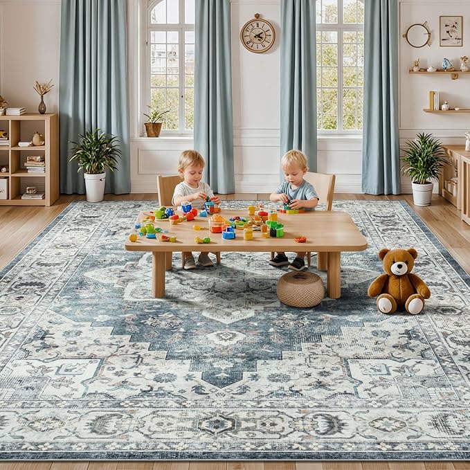 Washable Area Rugs 5 x 7 for Living Room Bedroom,Blue Grey/Beige | Soft Non Slip Backing,Durable Stain Resistant,Compatible with All Vacuums,Kid & Pet Friendly,for Dining Room Home Office