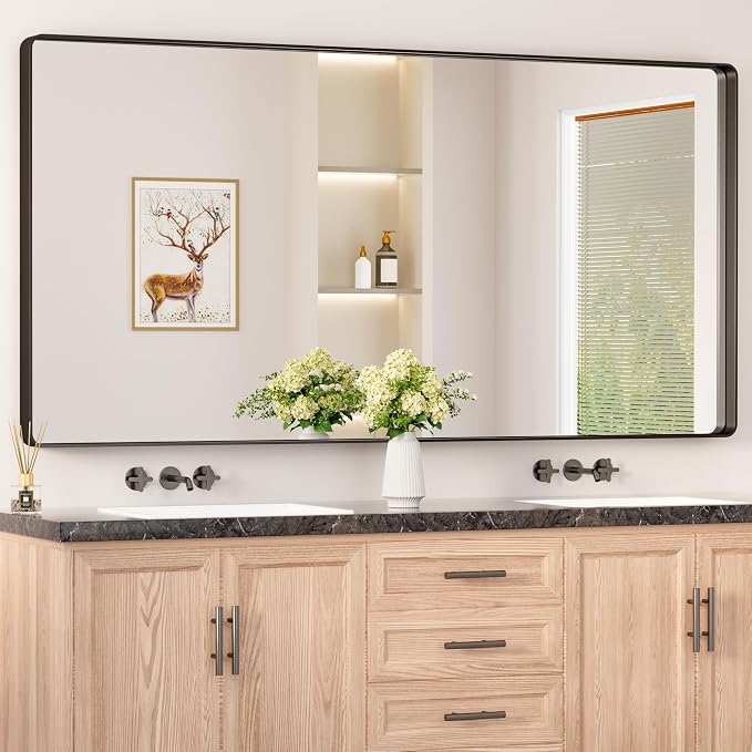 Keonjinn 72 x 36 Inch Black Bathroom Mirror for Over Sink, Tempered Glass | Sandblasted Finish, Matte Black Vanity Mirror, Anti-Rust, Seamless Aluminum Frame, Rounded Rectangle, French Cleat Mount
