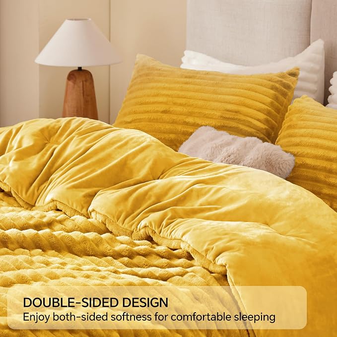 BEDELITE Fleece Twin/Twin XL Comforter Set, Fluffy Bed Set, Mustard | Super Soft & Warm Bedding, Luxury Fuzzy Faux Fur Comforter for Winter, Heavy Plush Bedding, with 1 Pillowcase