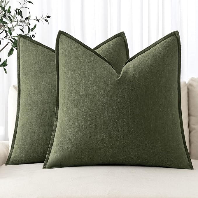 MIULEE Decorative Linen Euro Sham Pillow Covers 28x28 Inch Dark Olive Green | Boho Farmhouse Neutral Couch Throw Pillows for Bed, Pack of 2 Accent Modern Pillowcases, Sofa Livingroom Home Decor