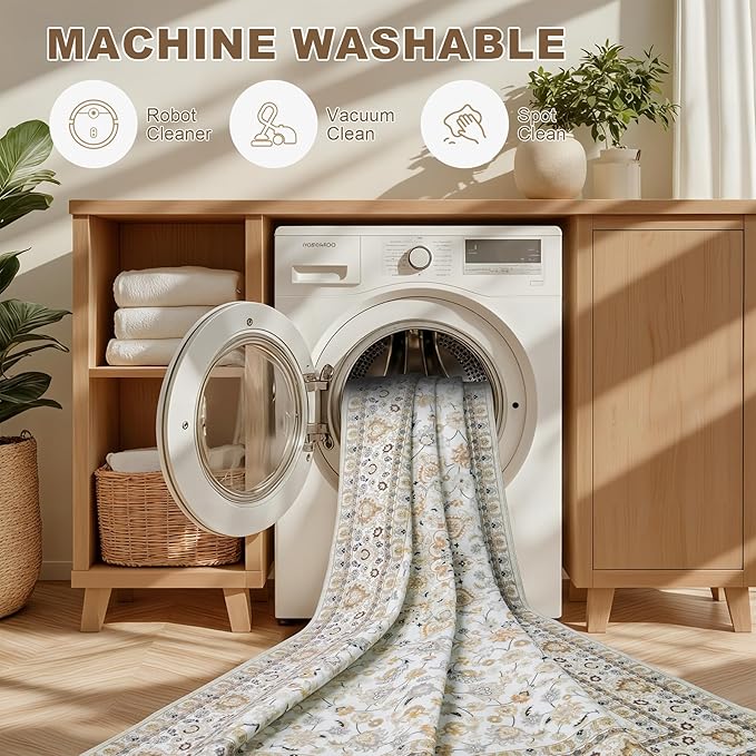 5x7 Area Rugs Living Room: Washable Vintage Rug for Bedroom Beige | Boho No Slip Stain Resistant Rug Soft Indoor Decor Floor Floral 5x7 Area Rugs for Dining Room, Nursery, Hallway, Home Office
