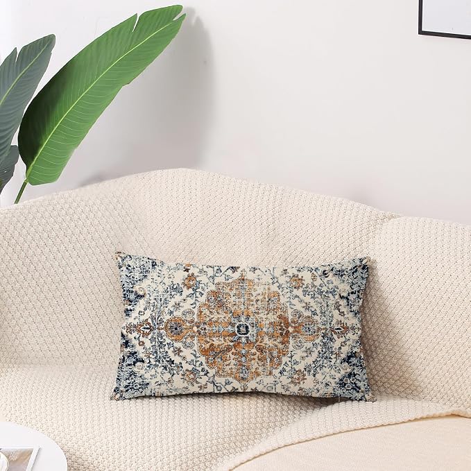 Outdoor Waterproof Pillow Set of 2, 12X20 Inch, Bohemian Vintage Carpet Pattern, Gold Blue Ethnic Design, Decorative Farmhouse Pillow Covers for Couch, Garden, Balcony