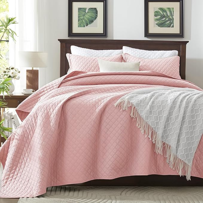 SunStyle Home King Quilt Bedding Set, Lightweight Summer Bedspreads,Pink | Soft Coverlet With 2 Pillow Shams,Morden Style Quilts for All Season,Suitable for Bed,Couch,Bedroom,Guest Room,106"X96"