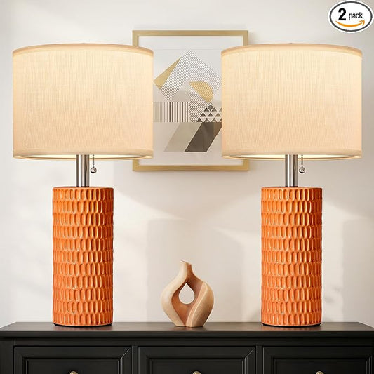 Reaketon 20” Modern Table Lamps Set of 2, Lamps for Bedroom, Orange | Ceramic Table Lamps for Nightstands, Small Table Lamps for Living Room, Bedside, End Table, Kids Room, Pull Chain Switch