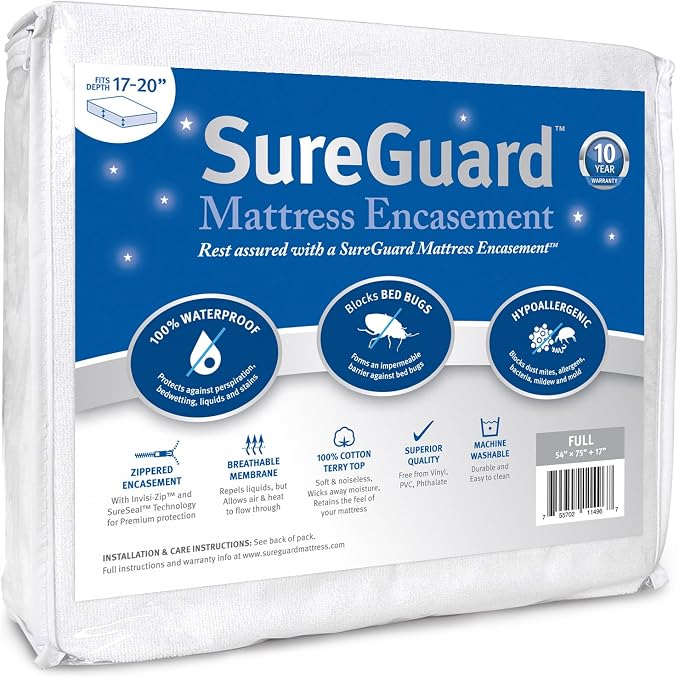 SureGuard Full (17-20" Deep) Zippered Mattress Protector Encasement | Six-Sided Waterproof, Bed Bug Proof, Hypoallergenic Dust Mite Mattress Cover, Soft Noiseless Breathable Cotton Terry Top Pad
