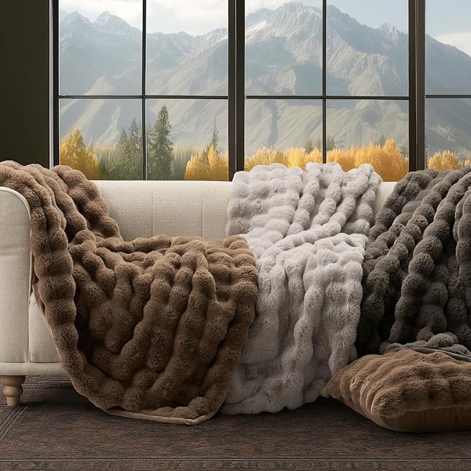 EverGrace Faux Rabbit Fur Bubble Throw Blanket, 90"x90", Dark Taupe | Ultra Soft, Luxury Faux Rabbit Fur Throw, Thick Warm Bubble Blanket, Cozy Fluffy Reversible, for Bed, Couch, Chair, Sofa