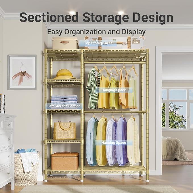 VIPEK V7 Garment Rack with Shelves Portable Closet for Hanging Clothes | 5 Tiers Adjustable Wire Shelving, Double Hanging Rods, 670lbs Metal Closet System, Space-Saving Storage for Apartment,Gold