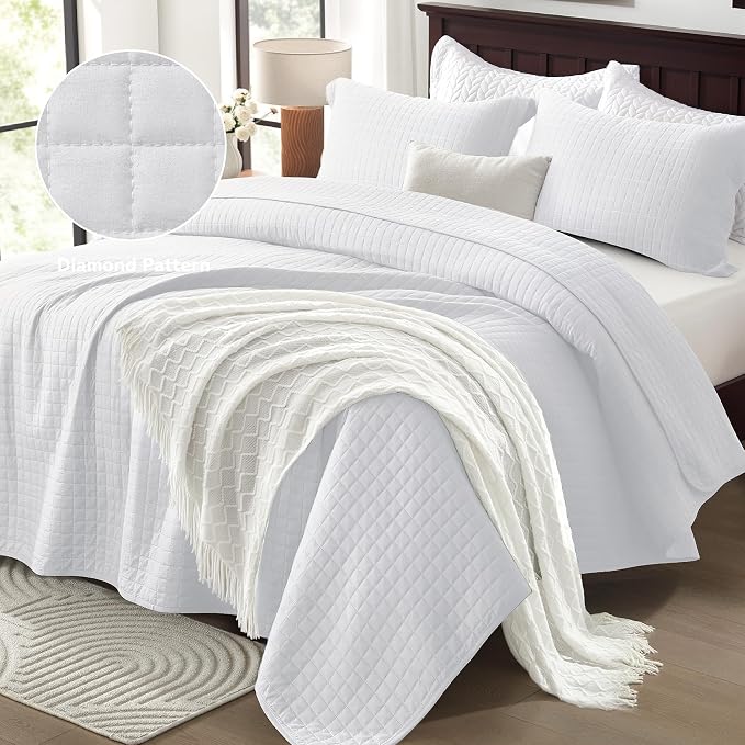 SunStyle Home Twin Quilt Set, Lightweight Bedding Summer Bedspreads,White | Soft Coverlet With 2 Pillow Shams,Morden Style Quilts for All Season, Suitable for Bed,Couch,Bedroom,Guest Room,68"X86"