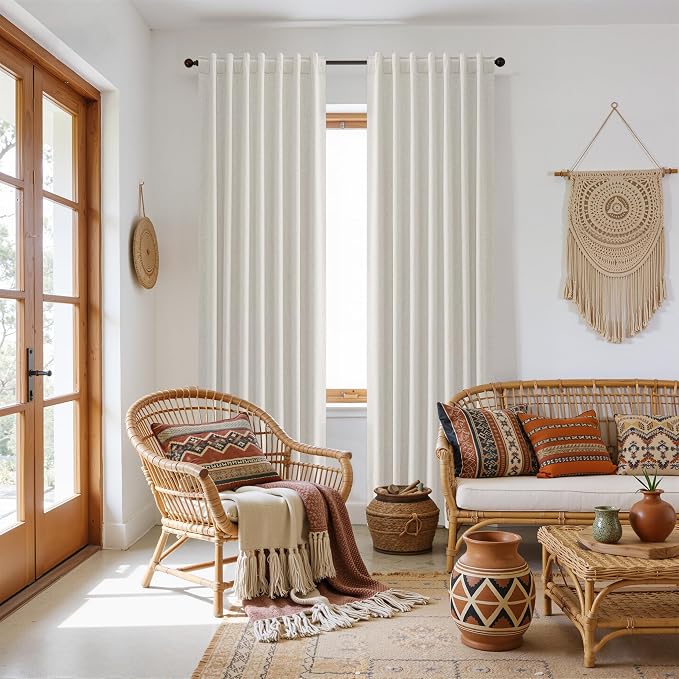 100% Blackout Boho 96 Inches Long Natural Linen Curtains Floor to Ceiling Drapes for Living Room Winter Thermal Insulated Room Darkening Black Out Sliding Barn Door Curtain, 52x96