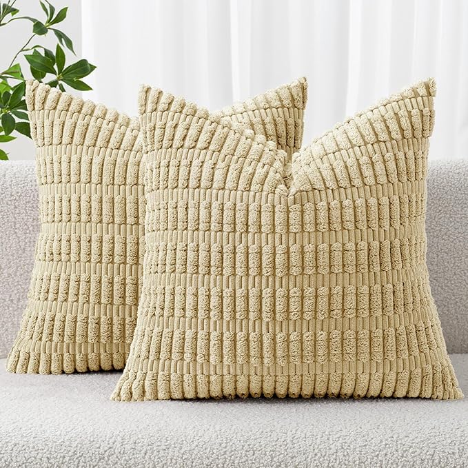 MIULEE Corduroy Decorative Throw Pillow Covers 20x20 Beige Pack of 2 | Soft Boho Striped Pillow Covers Modern Farmhouse Home Decor For Sofa Living Room Couch Bed