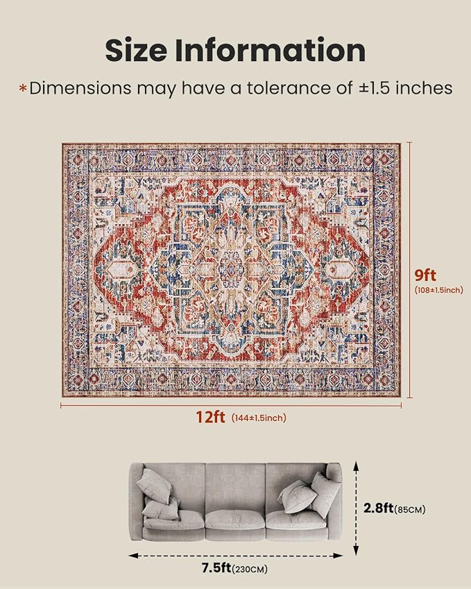 AMADA HOMEFURNISHING 9x12 Washable Area Rug, Low-Profile Large Area Rug with Non-Slip Backing & Durable Edge Binding, Vintage Large Rugs for Living Room, Bedroom & Dinning Room