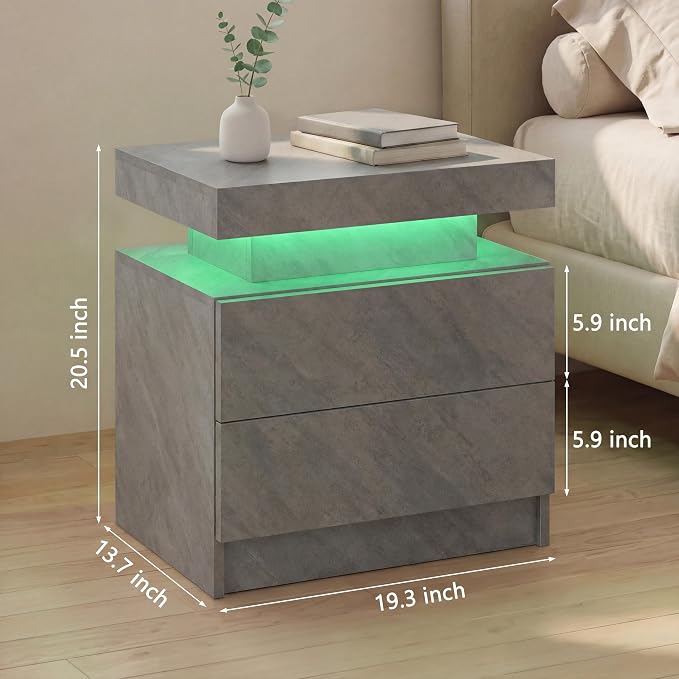 i-aplus LED Nightstand with Wood 2 Drawers Modern Bedside Table for Bedroom | Nightstands with App-Controlled RGB LED Lights, Night Stand with Storgae Drawer, Modern Bedside Table for Bedroom