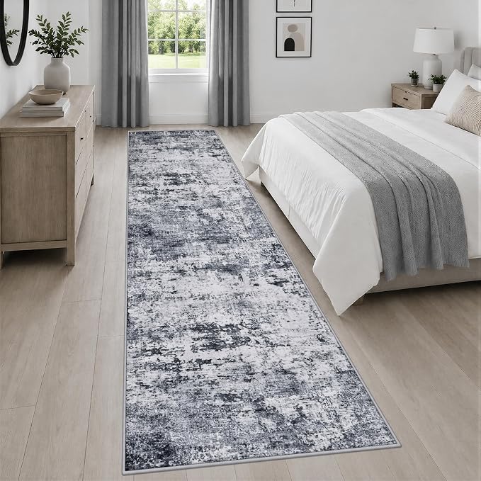 2.6x14 Washable Runner Rug:Modern Abstract Indoor Soft Carpet Grey | For Hallway, Bedroom, Kitchen, Laundry, Bathroom,Door Mat,Modern Abstract,Machine washable,Non-Slip,Stain Resistant,Indoor