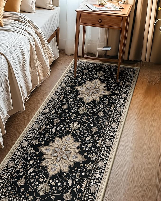 RELEANY Washable Area Rug, Runner 2'x6', Black/Neutral | Non-Slip, Water Repellent, Pet Friendly, Easy to Clean, Vintage Floral Boho Decor for Kitchen Entry Bedroom Bedside Laundry