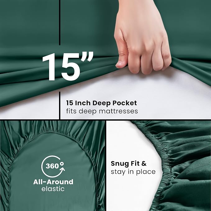 Twin Fitted Sheet, Ultra Soft Fits Up to 16 Inch Deep Pocket, Emerald | Hotel Comfort, Cooling & Breathable Cotton like Polyester, Easy Fit, Wrinkle & Fade Resistant, Snug Fit, Easy Care, Oeko-Tex