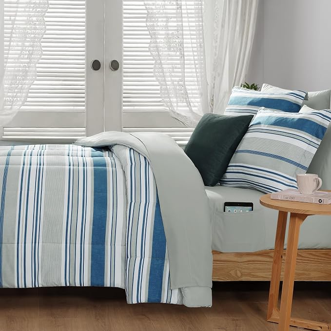 Monbix Queen Comforter Set-7 Pieces Striped Bed in a Bag Queen Bedding Sets | All Season Royal Blue Reversible Soft Comforter Bed Set with Sheets, Pillowcases & Shams