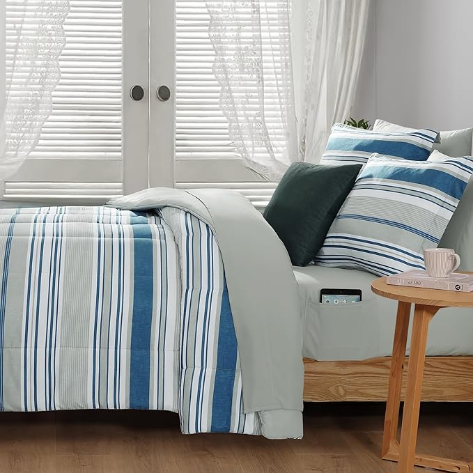 Monbix Twin XL Comforter Set-5 Piece Striped Bed in a Bag Twin Bedding Sets | All Season Royal Blue Reversible Soft Comforter with Sheets, Pillowcases & Shams, College Dorm Essentials