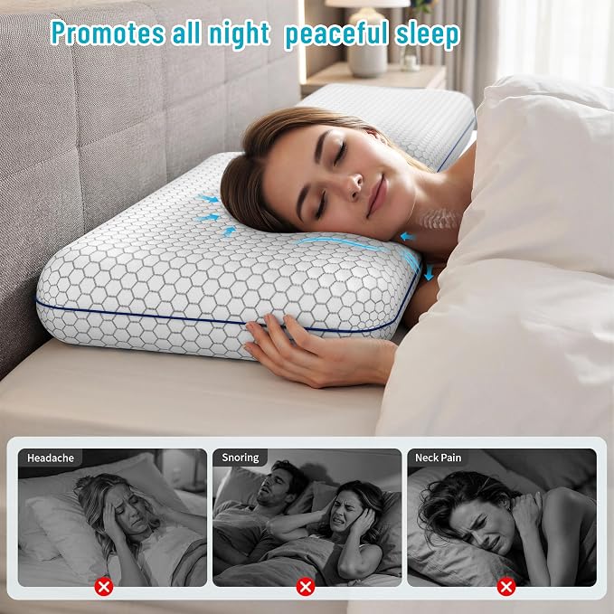 CushyOasis Memory Foam Pillows for Sleeping, Firm Bed Pillow, Queen Size | Ergonomic Supportive Memory Foam for Head, Neck & Shoulders, Breathable Washable Cover, for Side, Back & Stomach Sleepers