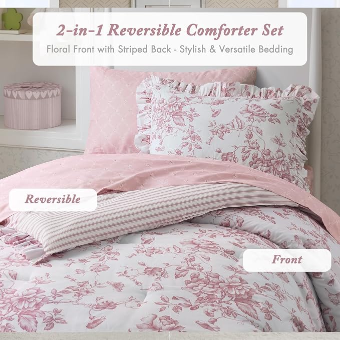 Madison Park Essentials Pink Floral Comforter Set with Sheets Twin XL,5pc | Reversible, Elegant College Dorm Bedding, Ruffle Bed in a Bag, All Season, Machine Washable, Wrinkle Resistant, Ultra Soft